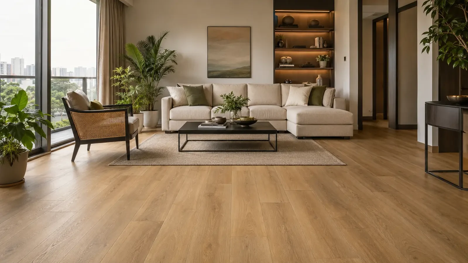 Warm wood-look vinyl flooring interior